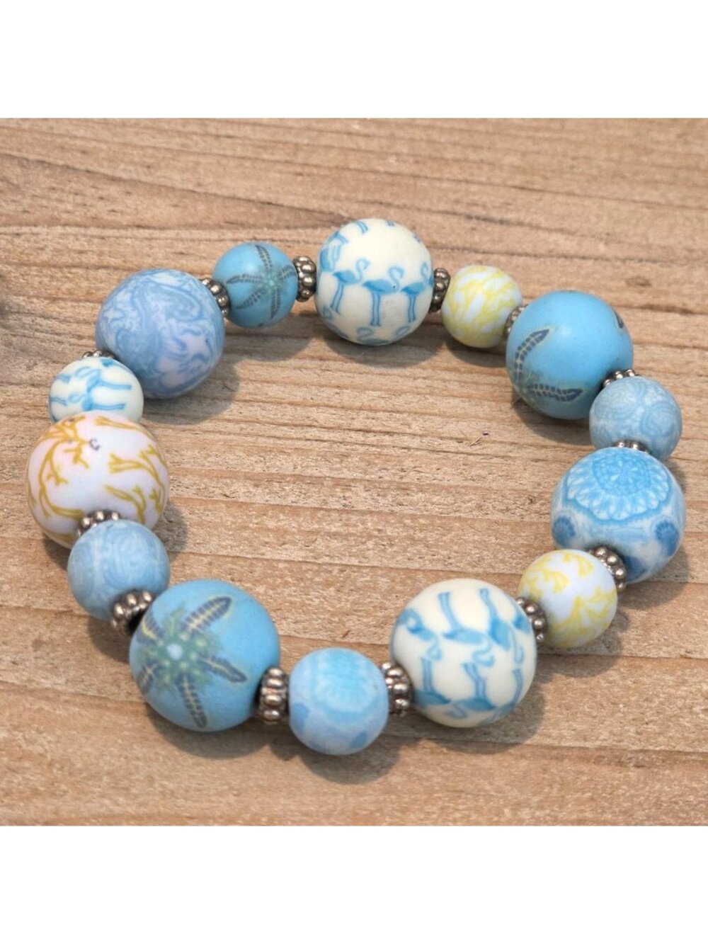 Light Blue & White Printed Beachy Beaded Stretch Bracelet